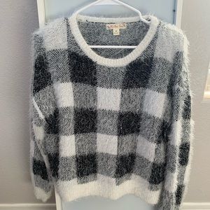 Dry Goods “It’s Our Time” Black/White Buffalo Check Fuzzy Sweater Size Medium